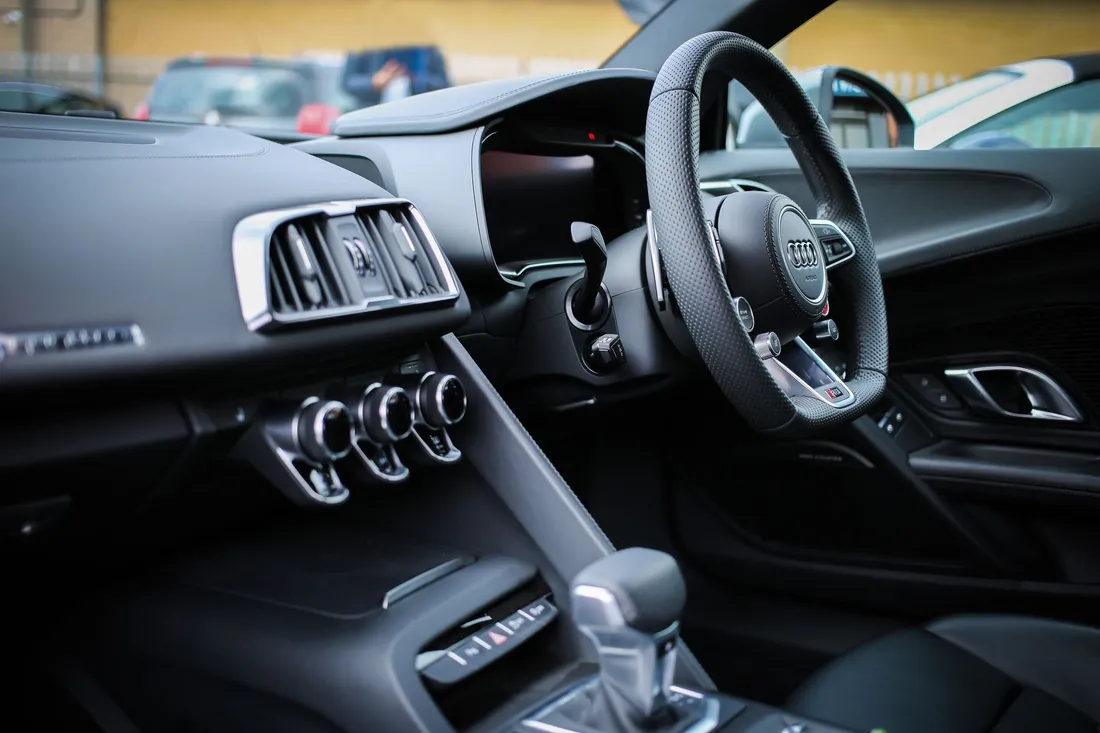 View of a steering wheel and vehicle instruments